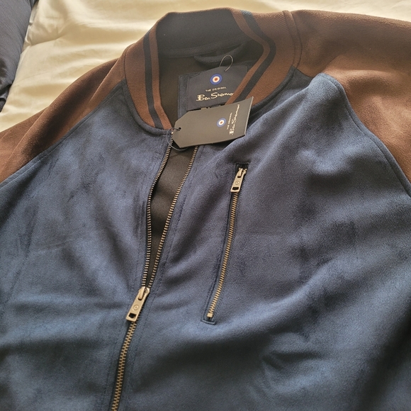 BEN SHERMAN Faux Suede Bomber Jacket Navy and Brown  Size: XL - Picture 5 of 7